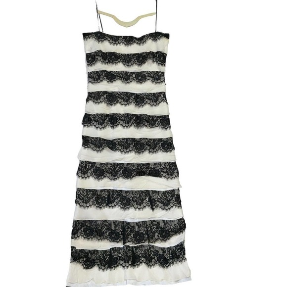 Tadashi Shoji Women’s Dress 100% Silk Layered Maxi Tiered Gown Black Cream Sz 8 - Picture 3 of 12